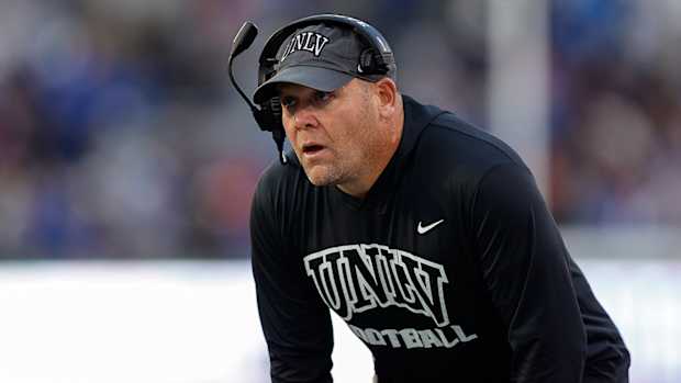 UNLV Rebels coach Barry Odom reacts in the fourth quarter against the Air Force Falcons at Falcon Stadium.